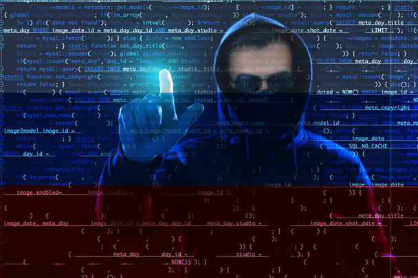 Double exposure of hacker working with virtual screen and flag of Russia. Threat of cyber attack - Фото, зображення