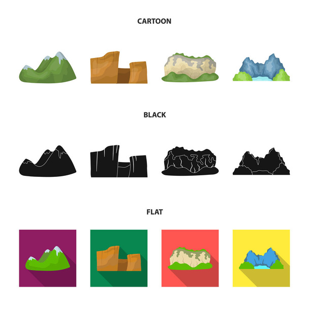 Green mountains with snow tops, a canyon, rocks with forests, a lagoon and rocks. Different mountains set collection icons in cartoon,black,flat style vector symbol stock illustration web. - ベクター画像