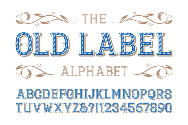 Old label alphabet. Diagonal ribbed letters and numbers with curly serifs. - Vector, Image
