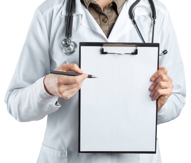 female doctor in uniform holding clipboard on white background - Foto, Bild