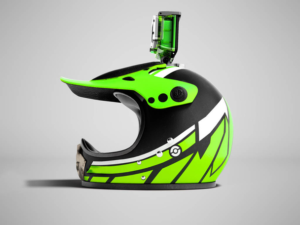 Moderní zelené motocyklové helmy s fotoaparátem zelené akce vlevo 3d vykreslení na šedém pozadí se stínem - Fotografie, Obrázek