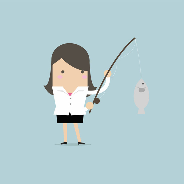 Businesswoman fishing a big fish. - Vector, Image