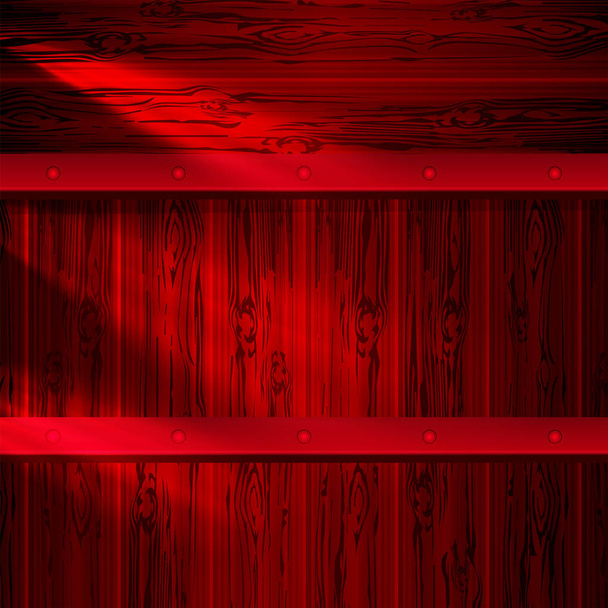 Κόκκινο φόντο με περίγραμμα του δέρματος σανίδες, πίνακα ανακοινώσεων με έντονο φως και καρφιά, καρφιά. - Διάνυσμα, εικόνα