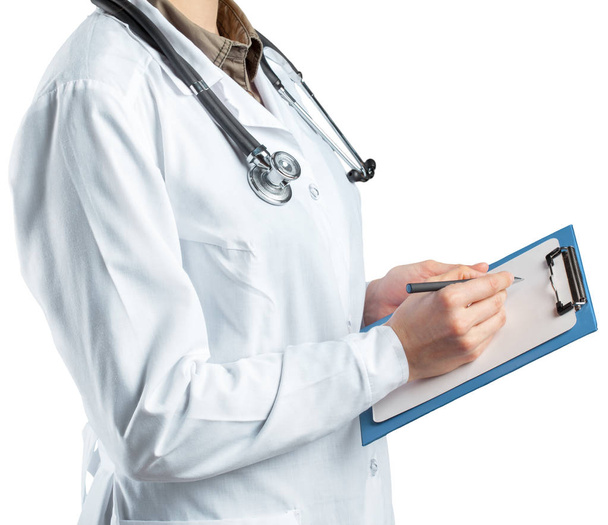 female doctor in uniform holding clipboard on white background - Fotoğraf, Görsel