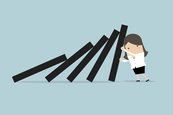 Businesswoman pushing hard against falling deck of domino tiles. - Vector, Image