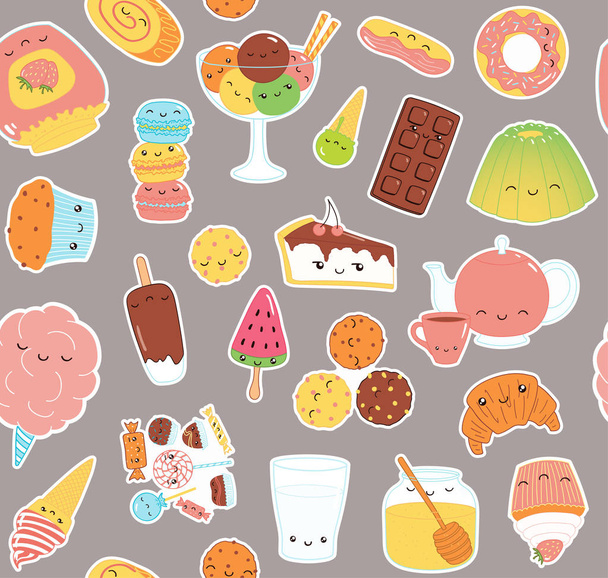 Ručně tažené bezešvé vzor s samolepky legrační sladkých potravin dort, sušenky, zmrzliny, cukroví, marmeláda, macarons - Vektor, obrázek