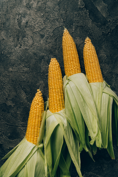 vue du dessus de quatre épis de maïs sur table sombre grise
 - Photo, image