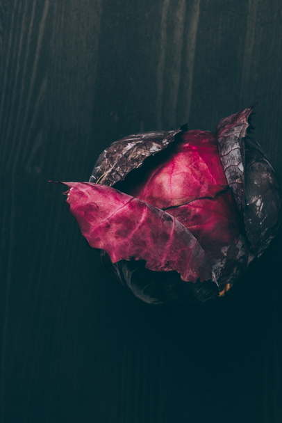 top view of red cabbage on grey dark table - Φωτογραφία, εικόνα