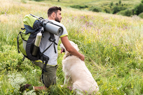 male tourist with backpack and dog sitting on summer meadow - Photo, Image