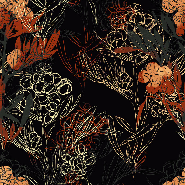 abstract flowers and leaves seamless pattern in deep dark colours, mixed media - Foto, Imagem