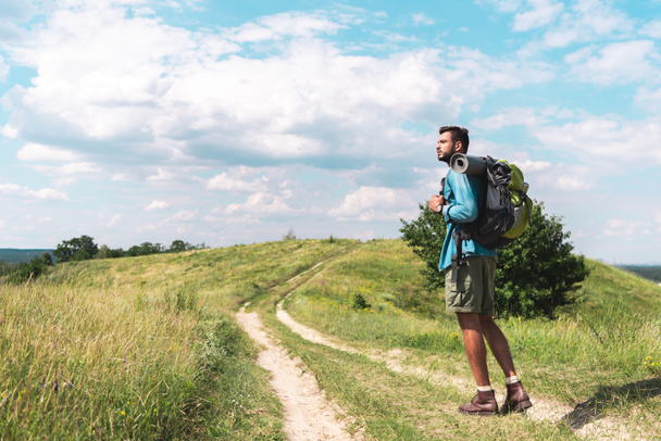 güzel gökyüzü ile yeşil çayır üzerinde yürüyen sırt çantası ile yakışıklı gezgin - Fotoğraf, Görsel