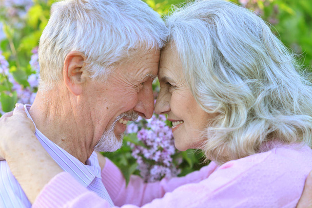  beautiful senior couple hugging in spring park - Zdjęcie, obraz
