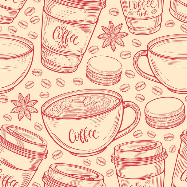 Hand getekende naadloze patroon met koffie kopjes, mokken, bonen en bitterkoekjes. Kleurrijke achtergrond in vintage retro kleuren. Decoratieve doodle vectorillustratie - Vector, afbeelding