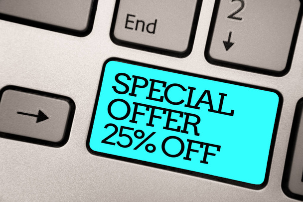 Text sign showing Special Offer 25 Off. Conceptual photo Discounts promotion Sales Retail Marketing Offer Silver grey computer keyboard with blue button black color written text - Photo, Image