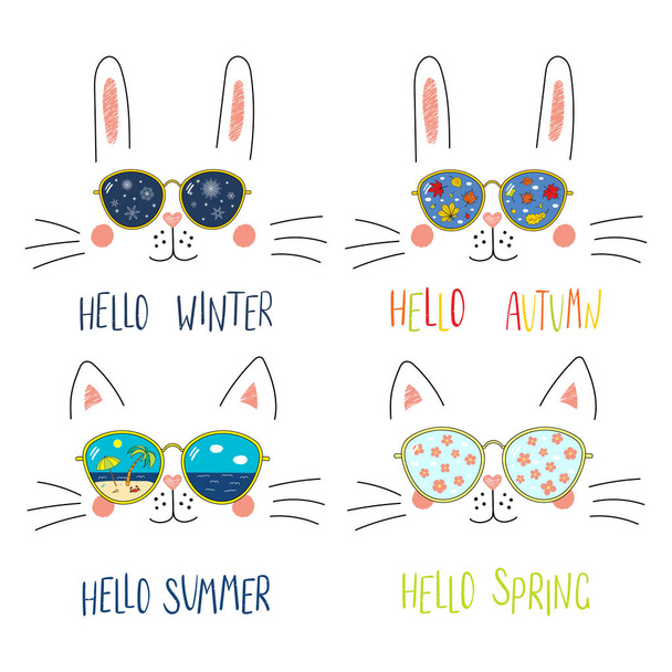 Ensemble de lunettes de soleil dessinées à la main avec des symboles été, automne, hiver, printemps réfléchis
 - Vecteur, image
