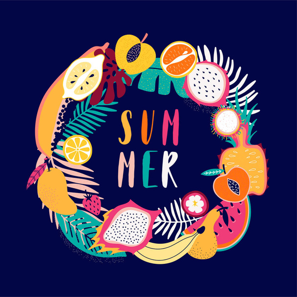 Summer background with fruit pattern wreath - Vector, imagen