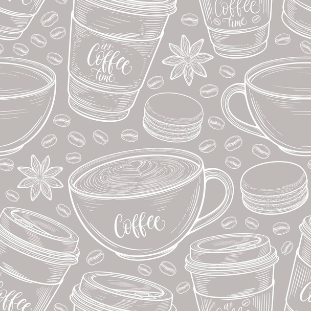 Hand drawn seamless pattern with coffee cups, beans, mugs, macaroons. Colorful background in vintage retro colors. Decorative doodle vector illustration - Vector, Image
