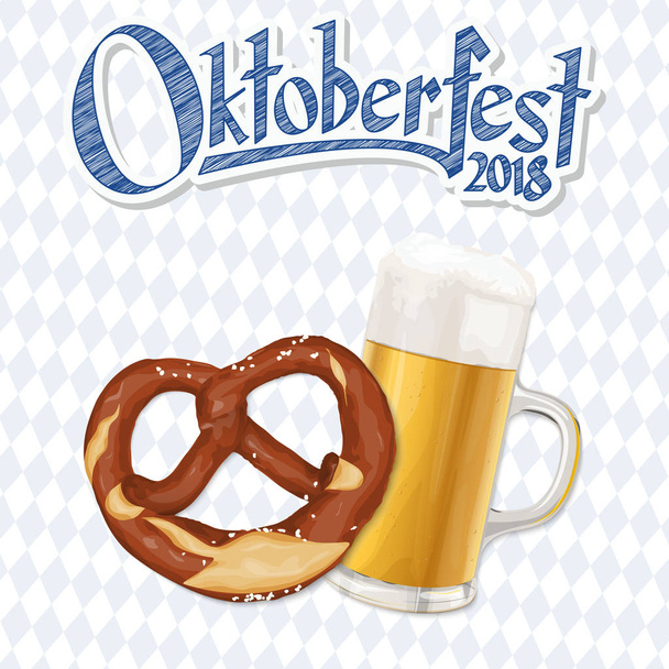 Fondo Oktoberfest 2018 con un pretzel y un vaso de cerveza
 - Vector, imagen
