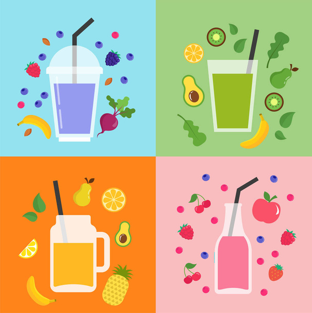 Collectie van verschillende kleurrijke smoothies, fruit shakes in een flessen, glazen, potten metselaar - Vector, afbeelding