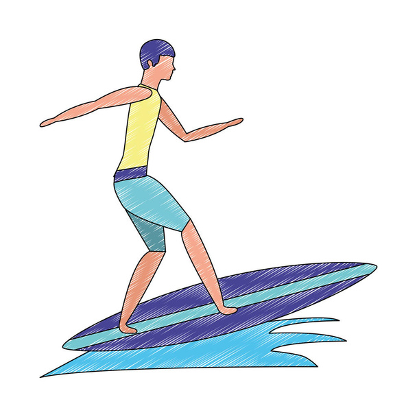 человек в доске для серфинга с волнами морского аврала
 - Вектор,изображение