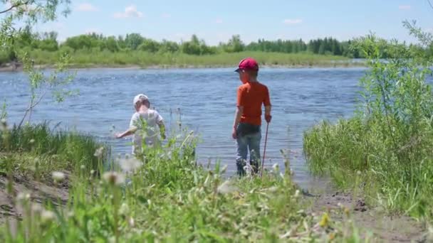 Zwei Kinder fangen Fische am Ufer des Flusses. schöne Sommerlandschaft. Freizeitgestaltung im Freien. - Filmmaterial, Video