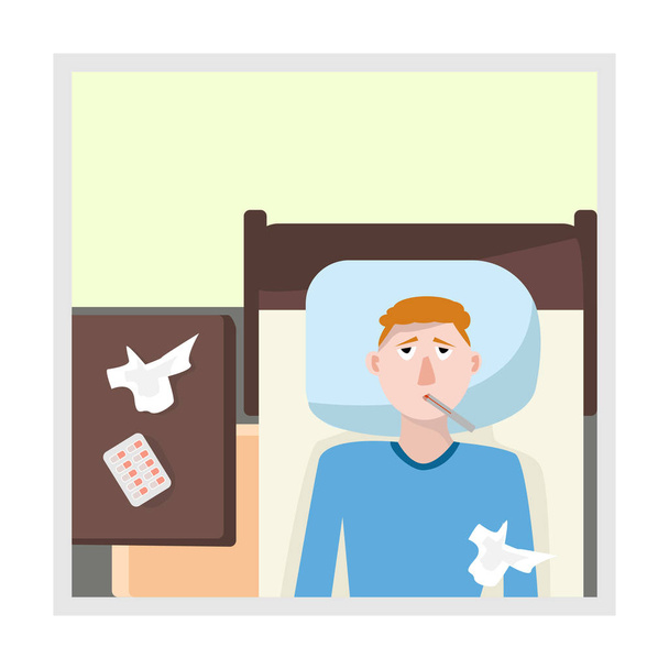 Sick boy lies in bed with thermometer in mouth. Vector illustration of character in flat style. Tablets on a bedside table - Vector, Image