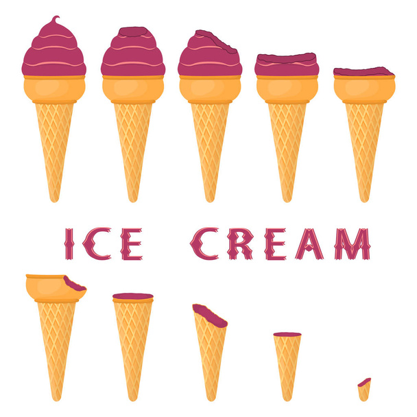 自然のブラックベリー ワッフル コーンにアイスクリームのベクトル図です。甘いの冷たいアイスクリーム、おいしいデザートのアイスクリームのパターン。ウェーハ コーンのブラックベリーのフルーツ アイス. - ベクター画像