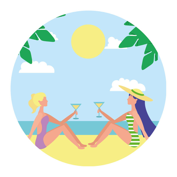 two woman sitting on beach with cocktails in hands - Vector, Image