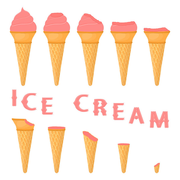 Vektori kuvitus luonnon punaherukka jäätelöä vohveli kartio. Jäätelö kuvio koostuu makea kylmä jäätelö, maukas jäädytetty jälkiruoka. Tuoreet herukkajäätelöt vohvelikekseissä
. - Vektori, kuva