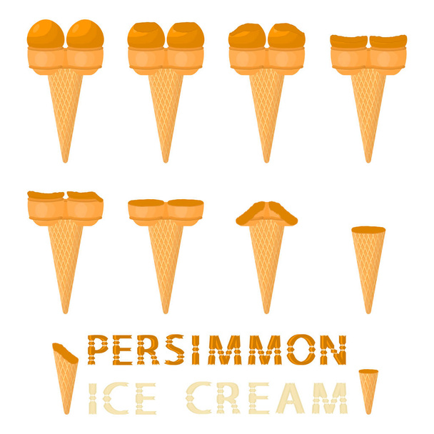 Vectorillustratie voor natuurlijke persimmon ijs op wafel kegel. Ijs patroon dat bestaat uit zoete koude ijs, lekkere dessert bevroren. Vers fruit ijsjes van kaki in wafer kegels. - Vector, afbeelding