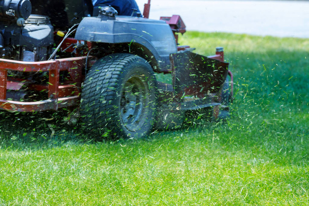 Red Lawn mower cutting grass. Gardening concept background - Photo, Image