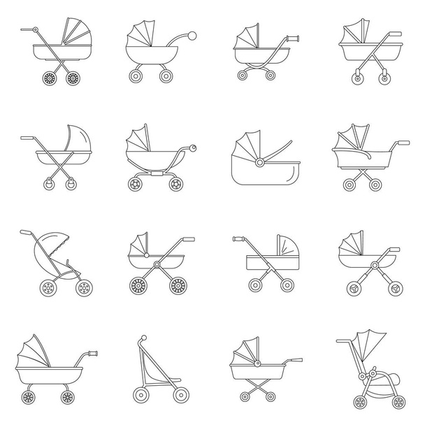 Pram stroller carriage icons set, outline style - Vektor, obrázek