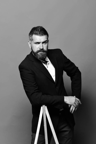 Art and style concept. Man with beard and moustache wearing classic suit. Artist with stylish hairdo and confident face and sexy sight - Foto, Imagen