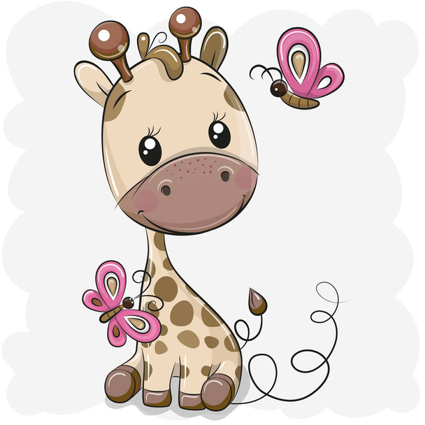 niedliche Cartoon-Giraffe und Schmetterlinge auf weißem Hintergrund - Vektor, Bild