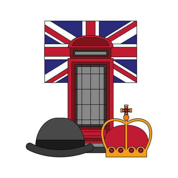 Класичні британські телефонний автомат з прапором і набір іконок - Вектор, зображення