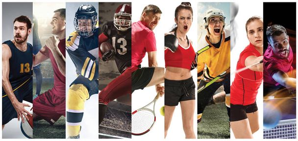 Sport collage about soccer, american football, badminton, tennis, boxing, ice and field hockey, table tennis - 写真・画像