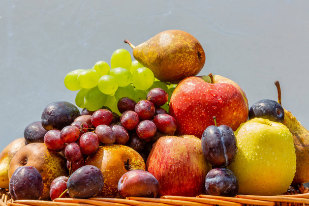 Colheita de frutas no final do verão maçãs, peras, ameixas e uvas
 - Foto, Imagem