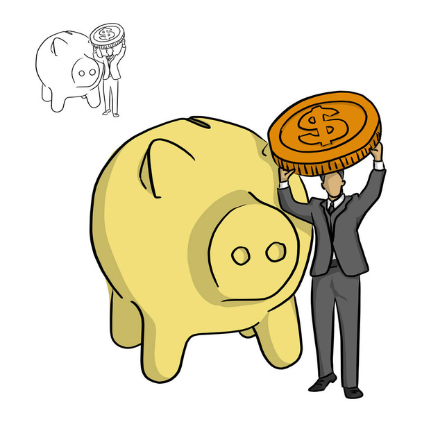 biznesmen, trzymając duża moneta z duże żółte Skarbonka wektor ilustracja szkic doodle ręcznie rysowane z czarne linie na białym tle. Koncepcja biznesowa. - Wektor, obraz
