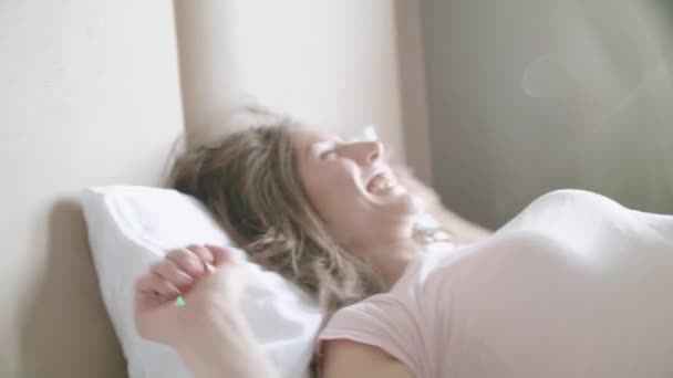 Young Beautiful Woman Wakes Up In The Morning - Materiaali, video