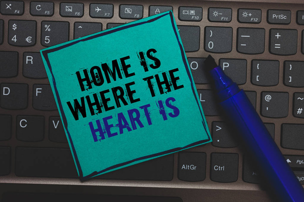Text sign showing Home Is When The Heart Is. Conceptual photo Your house is where you feel comfortable and happy Huge button with computer keyboard black lined written blue page marker pen - Photo, Image