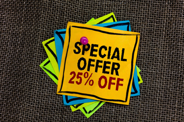 Text sign showing Special Offer 25 Off. Conceptual photo Discounts promotion Sales Retail Marketing Offer Black bordered different color sticky note stick together with pin on jute sack - Photo, Image