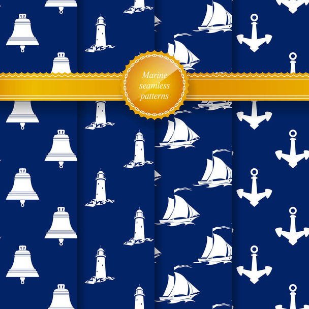 A zökkenőmentes utazás minta, világítótorony hajó Bell, vitorlás hajó horgonyt, tengeri nyári minta, utazási és és idegenforgalmi koncepció, vektoros illusztráció készlet - Vektor, kép