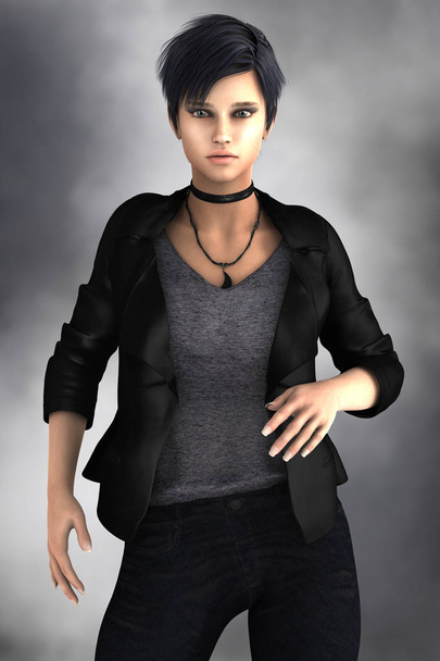 Young 3d female urban fantasy paranormal character with attitude. This figure is rendered in a softer illustrative style particularly suited to book cover art work. One of a series. - Foto, afbeelding