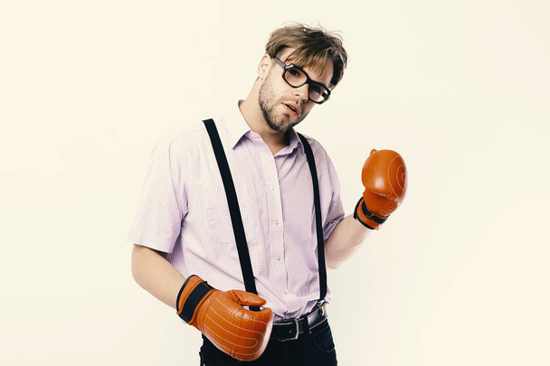 Nerd with leather box equipment isolated on white background. Weak guy ready to make hits and punches. - Photo, image