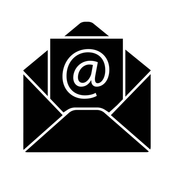 電子メール アドレスのグリフ アイコン。アロバ記号の付いた封筒。シルエットのシンボル。否定的なスペース。分離したベクトル図 - ベクター画像