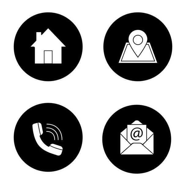 Information center glyph icons set. Homepage, GPS navigation, incoming call, email. Vector white silhouettes illustrations in black circles - Vector, Image