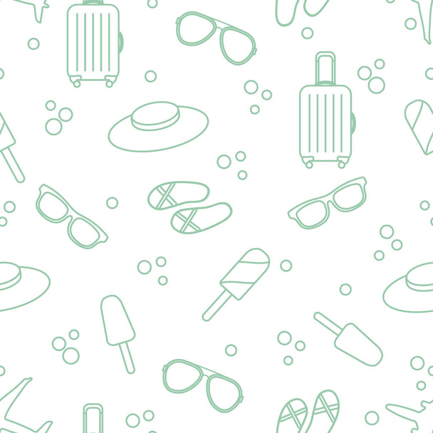 Seamless pattern with suitcase, ice cream, hat, sunglasses, beach slippers. Summer rest concept. - Vektör, Görsel