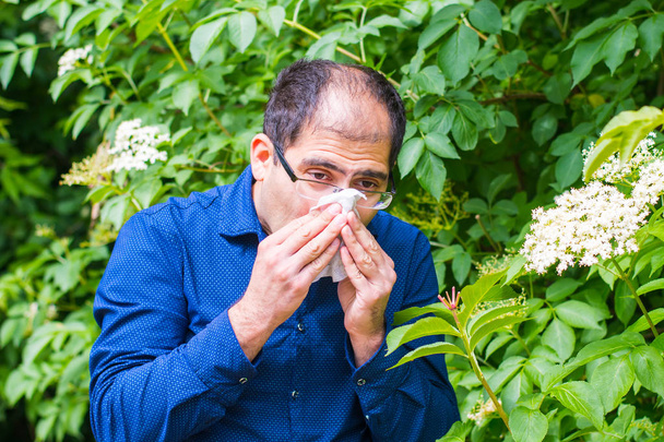 a middle-aged man near a tree with flowers, he is allergic to pollen - Photo, Image