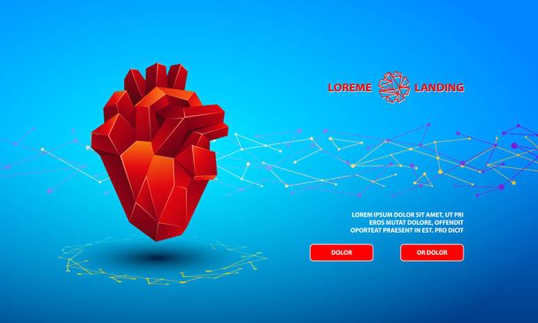 Technology Landing Page Template. Polygonal banner with a red low poly heart on a blue background. - Vector, Image