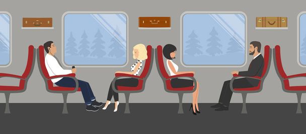 Пасажири у вагоні поїзда. Молоді жінки і чоловіки сидять у червоних кріслах і дивляться у вікно. На фото також є валізи на полицях. Векторні ілюстрації
 - Вектор, зображення